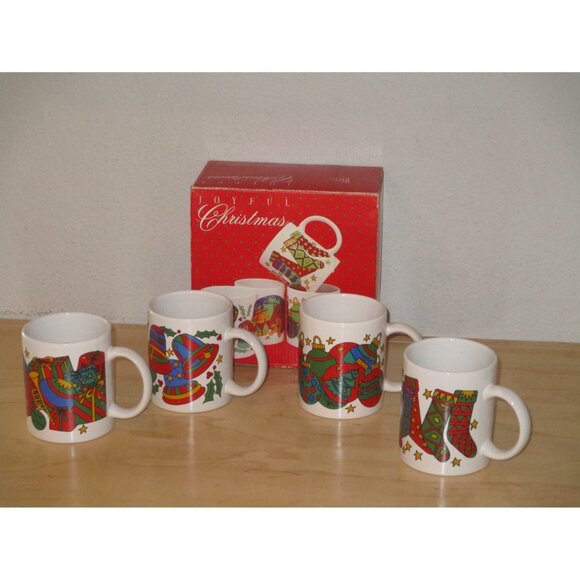 At Home Set of 4 Different Joyful Christmas Mugs Style 2106 Brand New in Box - Picture 1 of 2